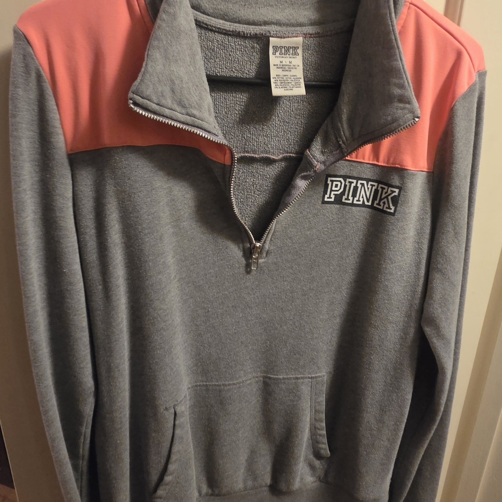 PINK Victoria's Secret Gray Pullover with Coral Shoulder Panels